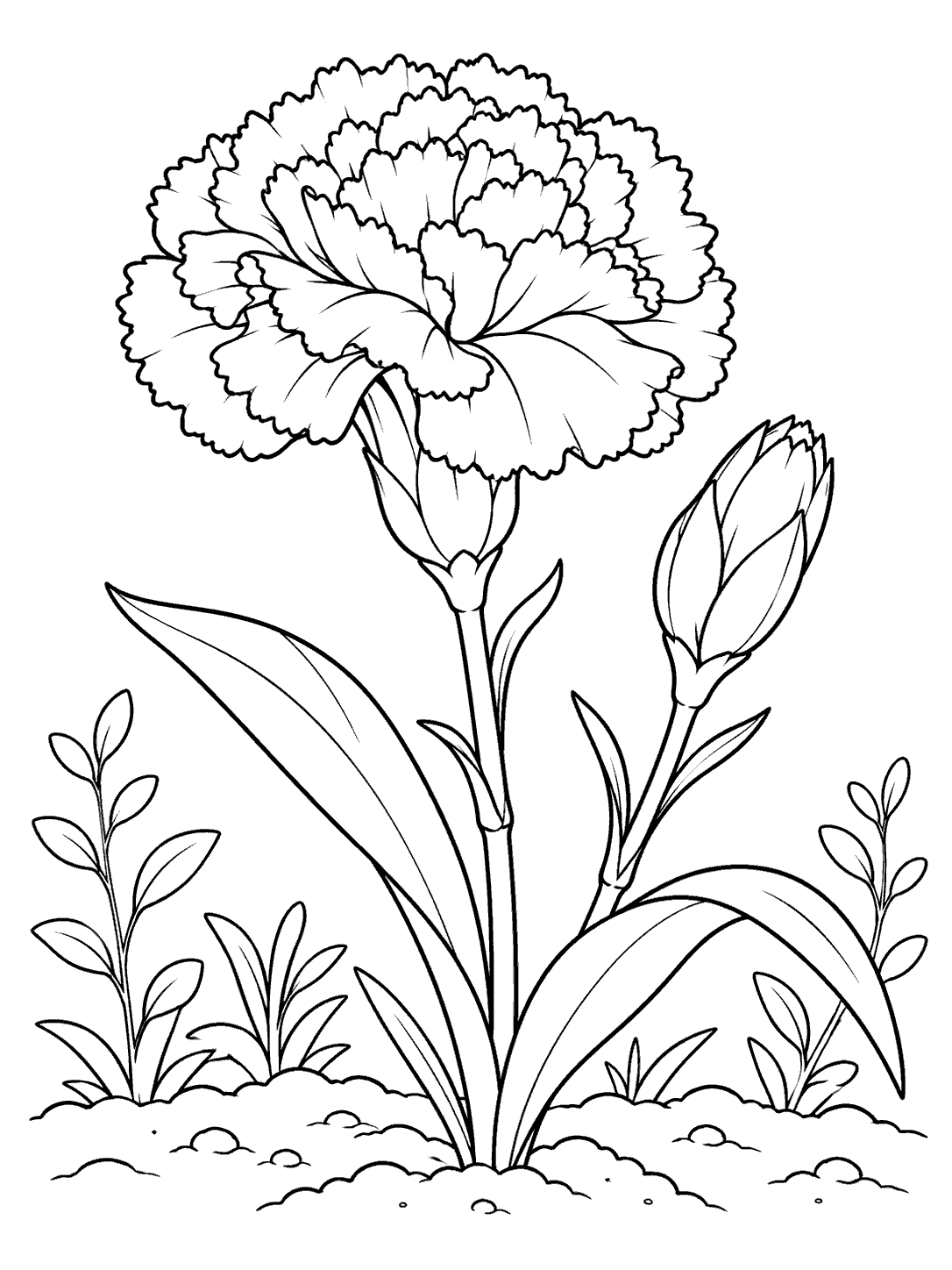 Black-and-white coloring page of a flowering carnation, bud, leaves, and neighboring garden stems.