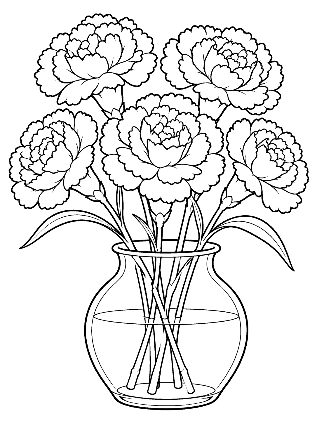 Five carnations with visible stems in a simple clear vase, drawn as a black-and-white coloring page.