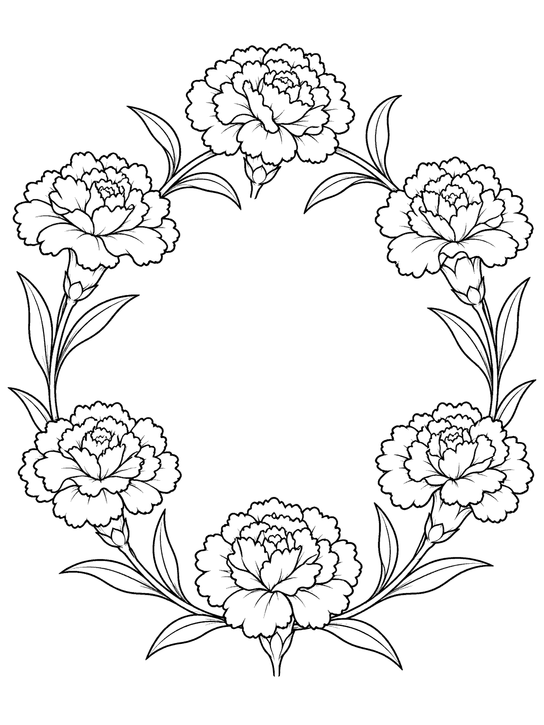 Black and white coloring page showing six carnations arranged in a wreath with an empty center.