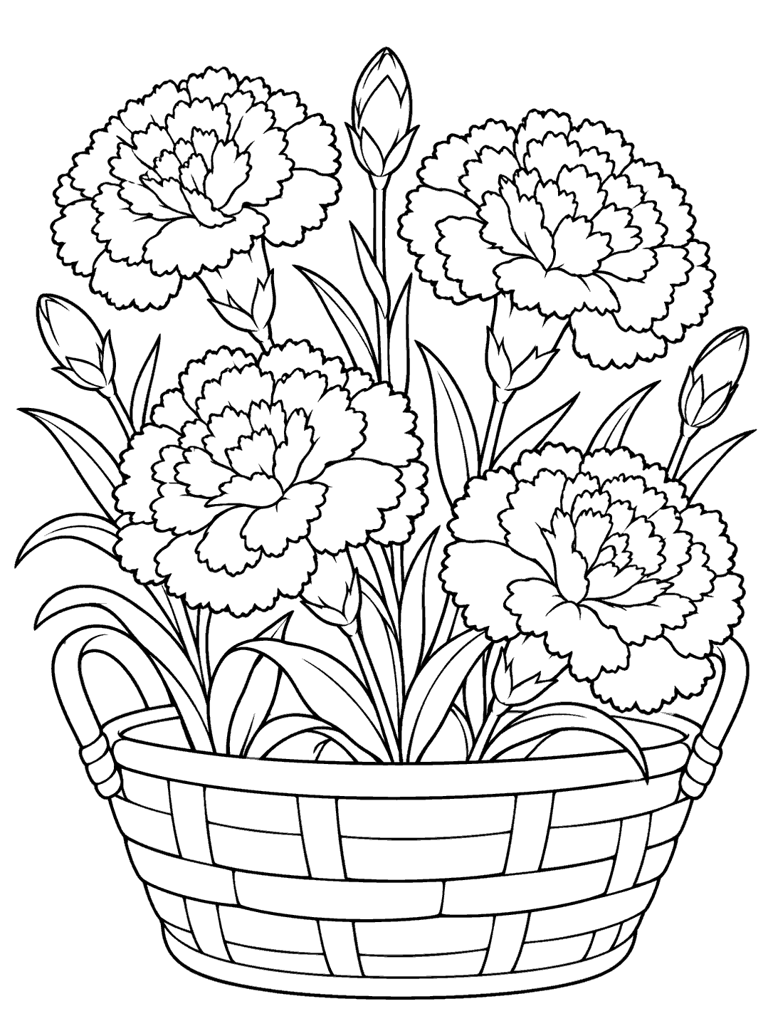 Four carnations arranged in a handled basket coloring page