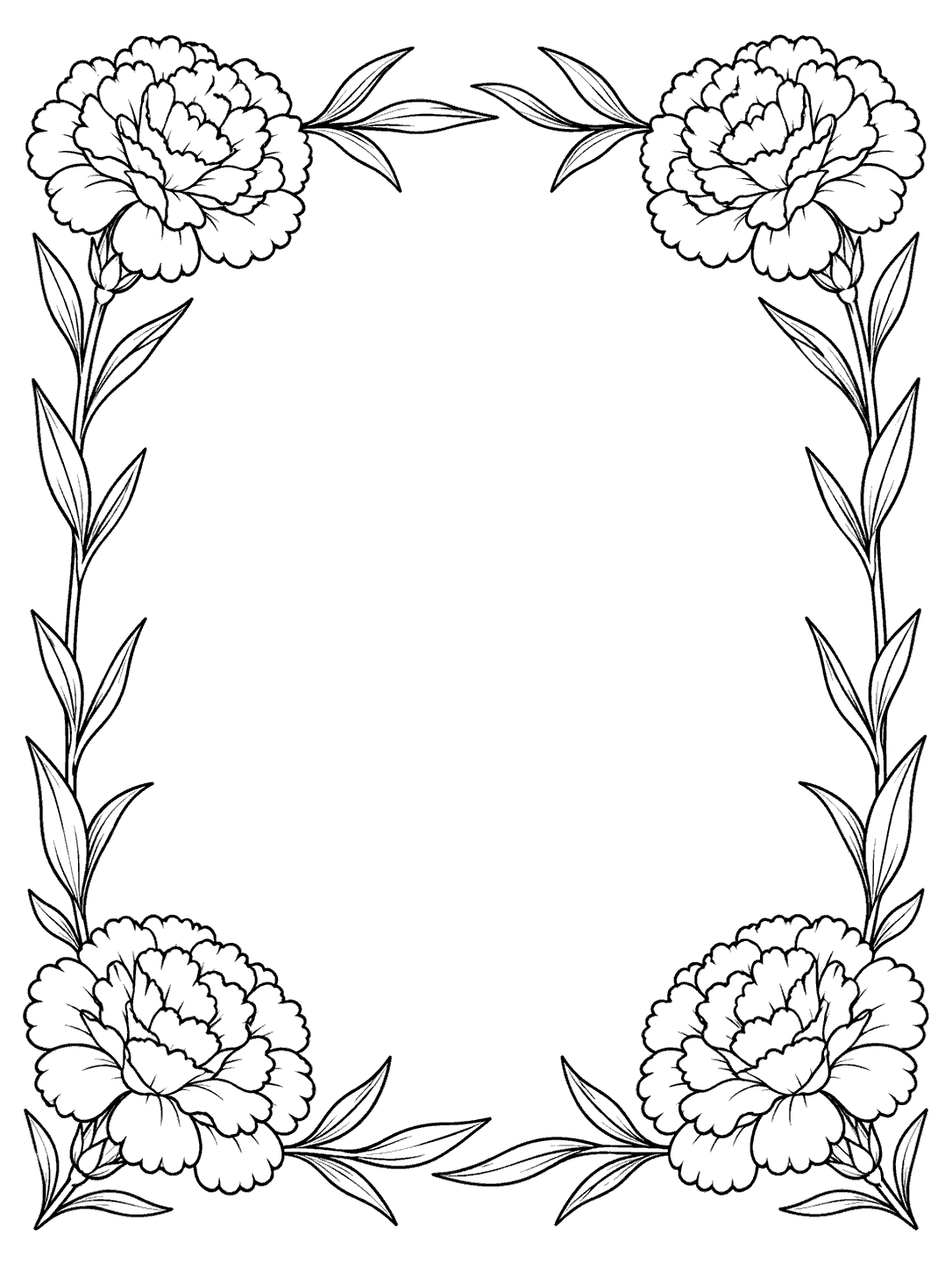 Black-and-white coloring page with four large carnations at the corners and leaves tracing the edges around a spacious blank center.