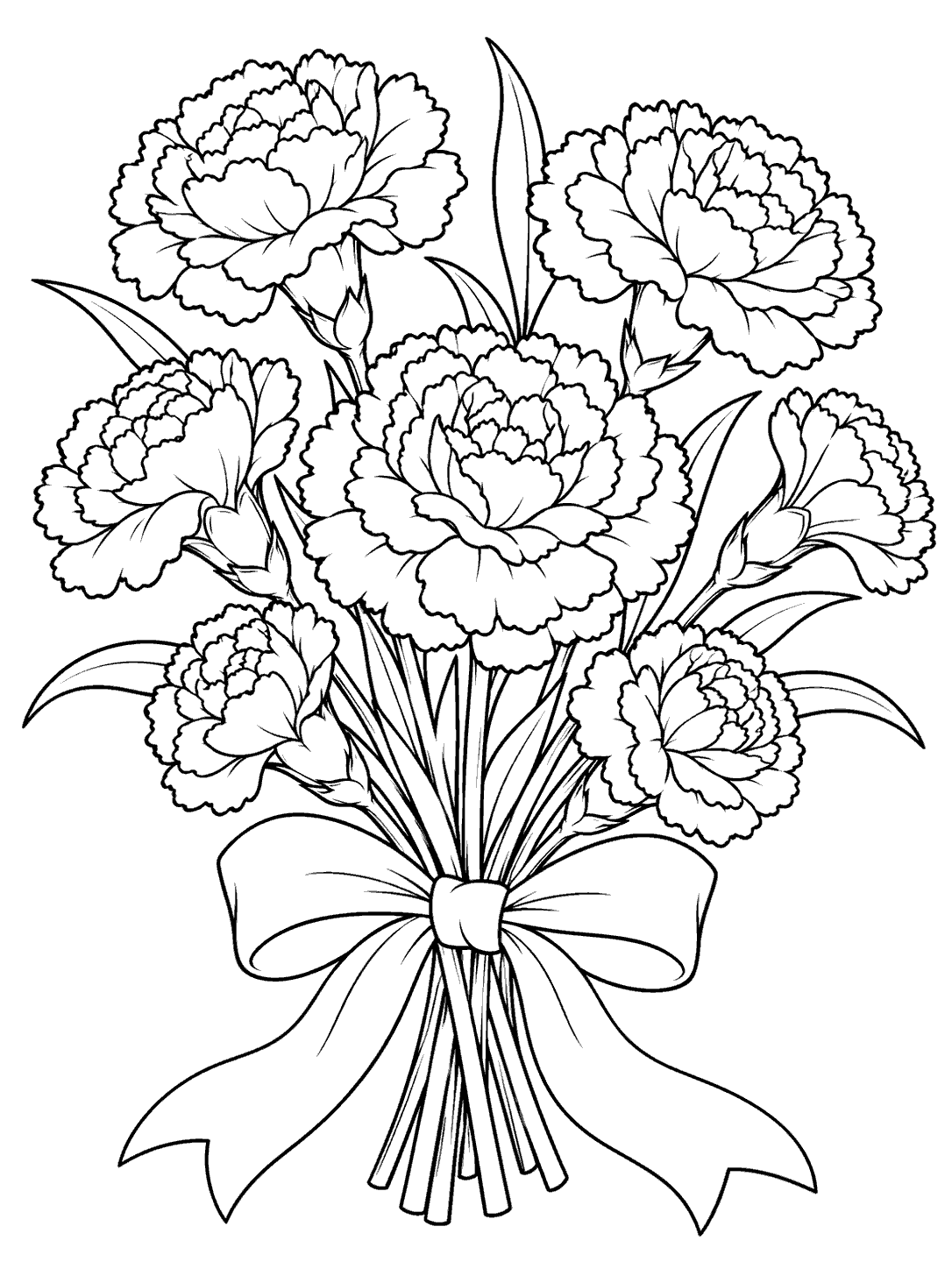 Seven carnations of varied sizes and angles, tied with a large bow, in a coloring page.