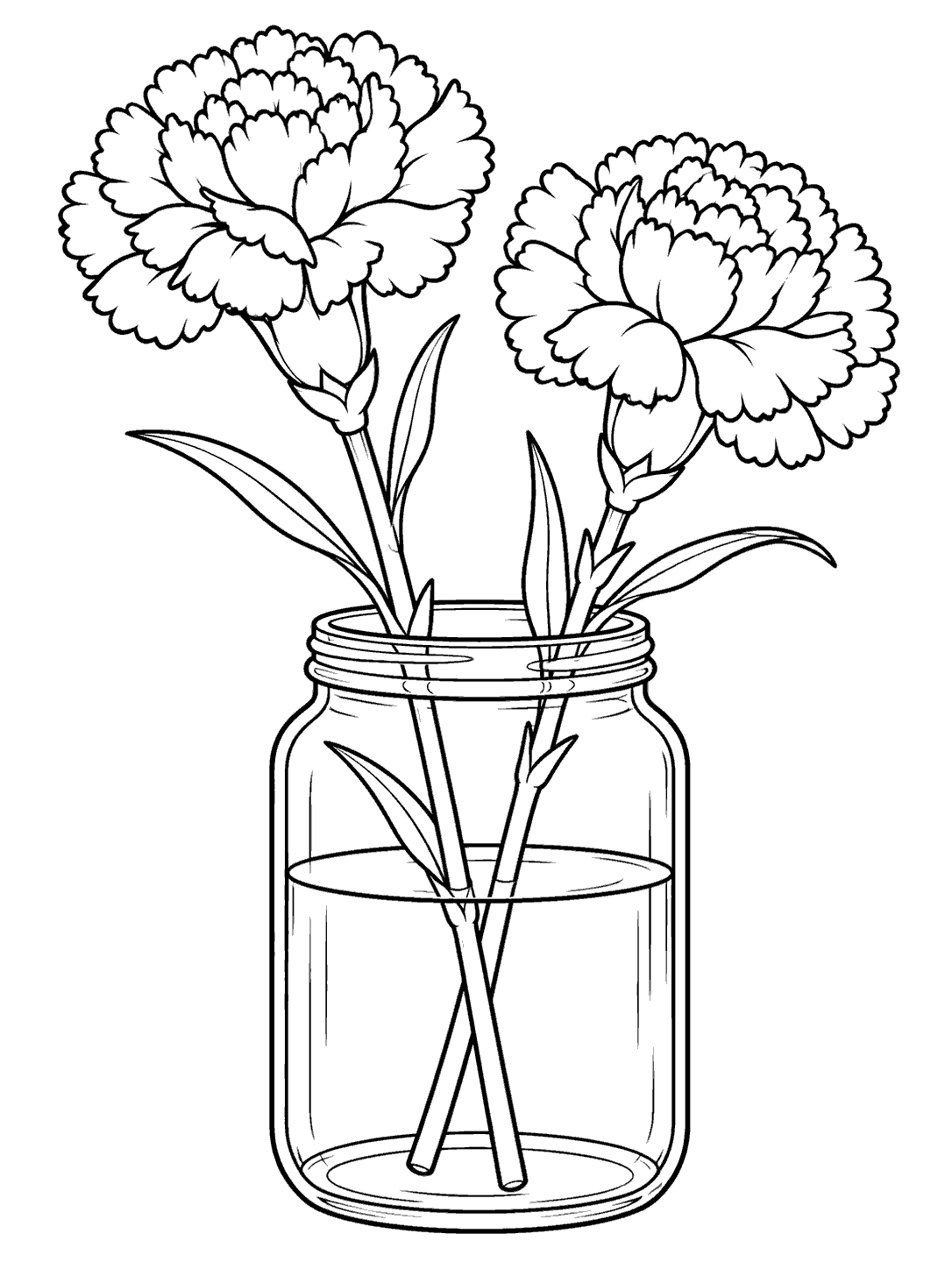Black-and-white coloring page showing two carnations with long stems and leaves in a wide-mouth glass jar.