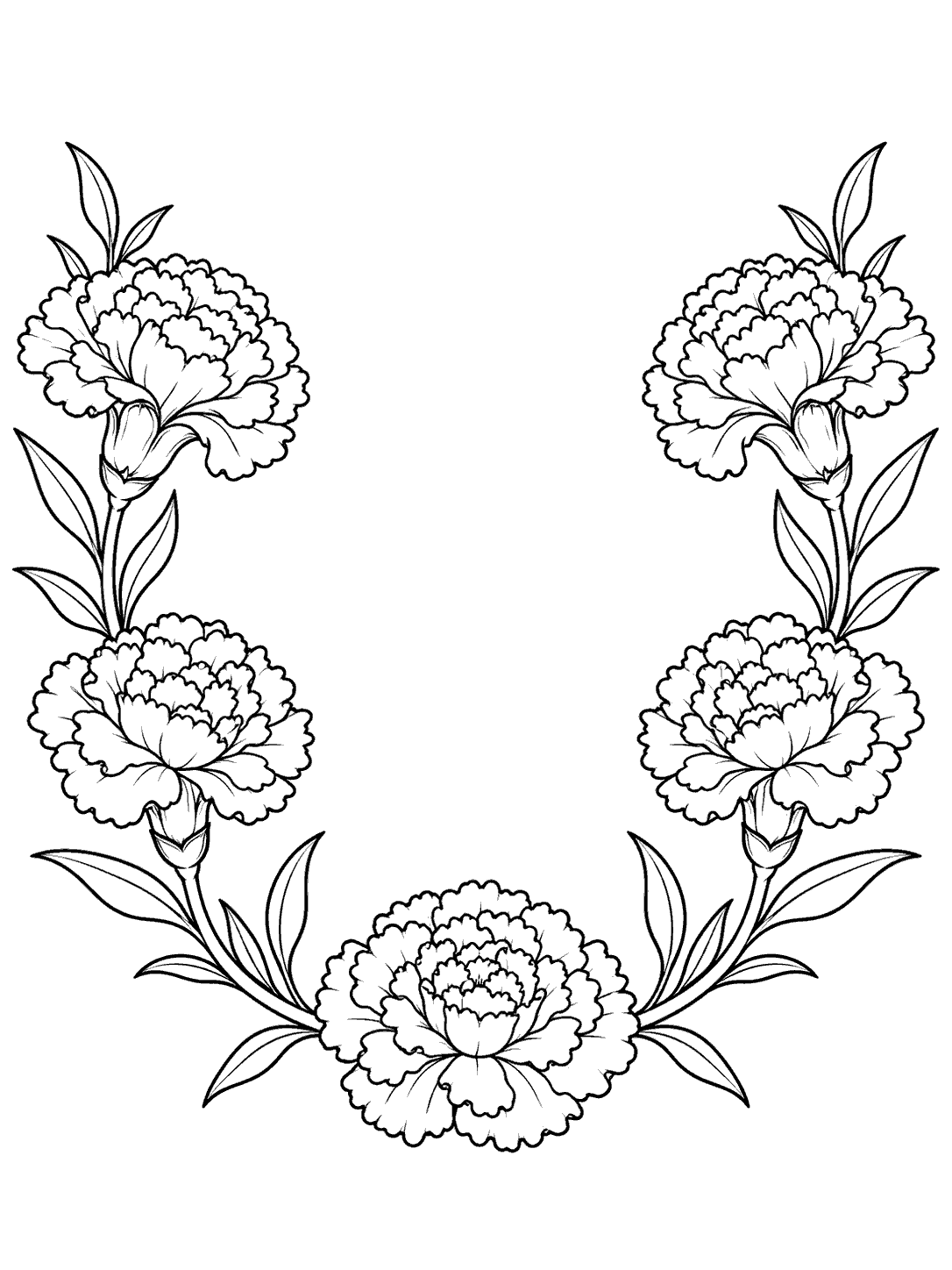 Black-and-white coloring page of five carnations connected by leafy stems in a broad U-shaped garland.