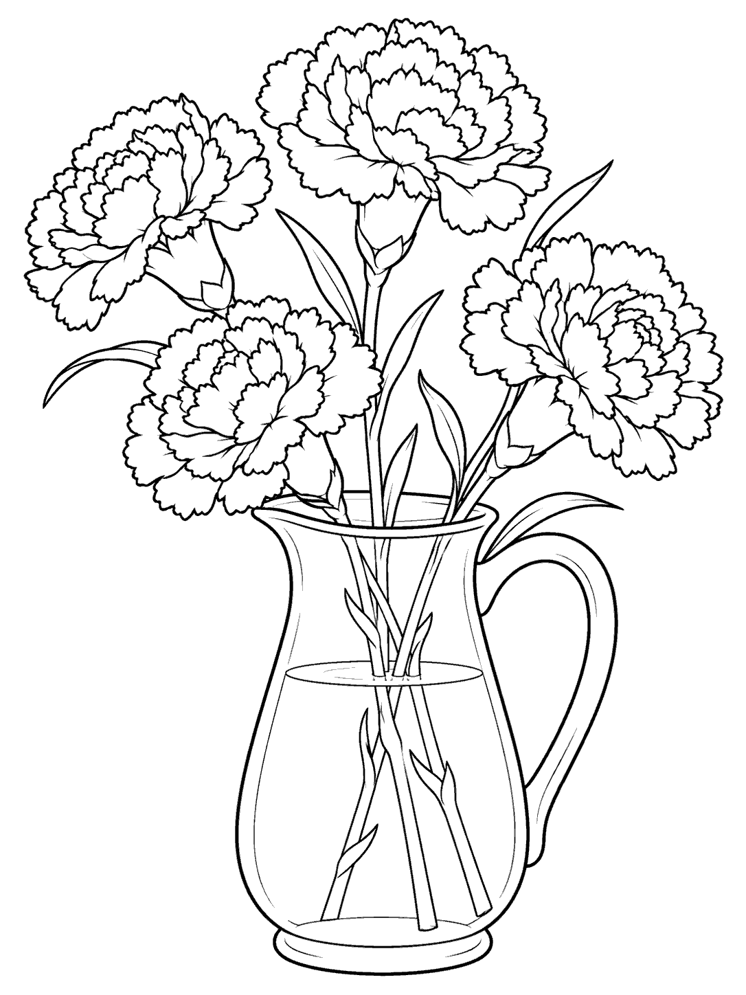 Four carnations with leaves and visible stems arranged in a plain handled pitcher coloring page