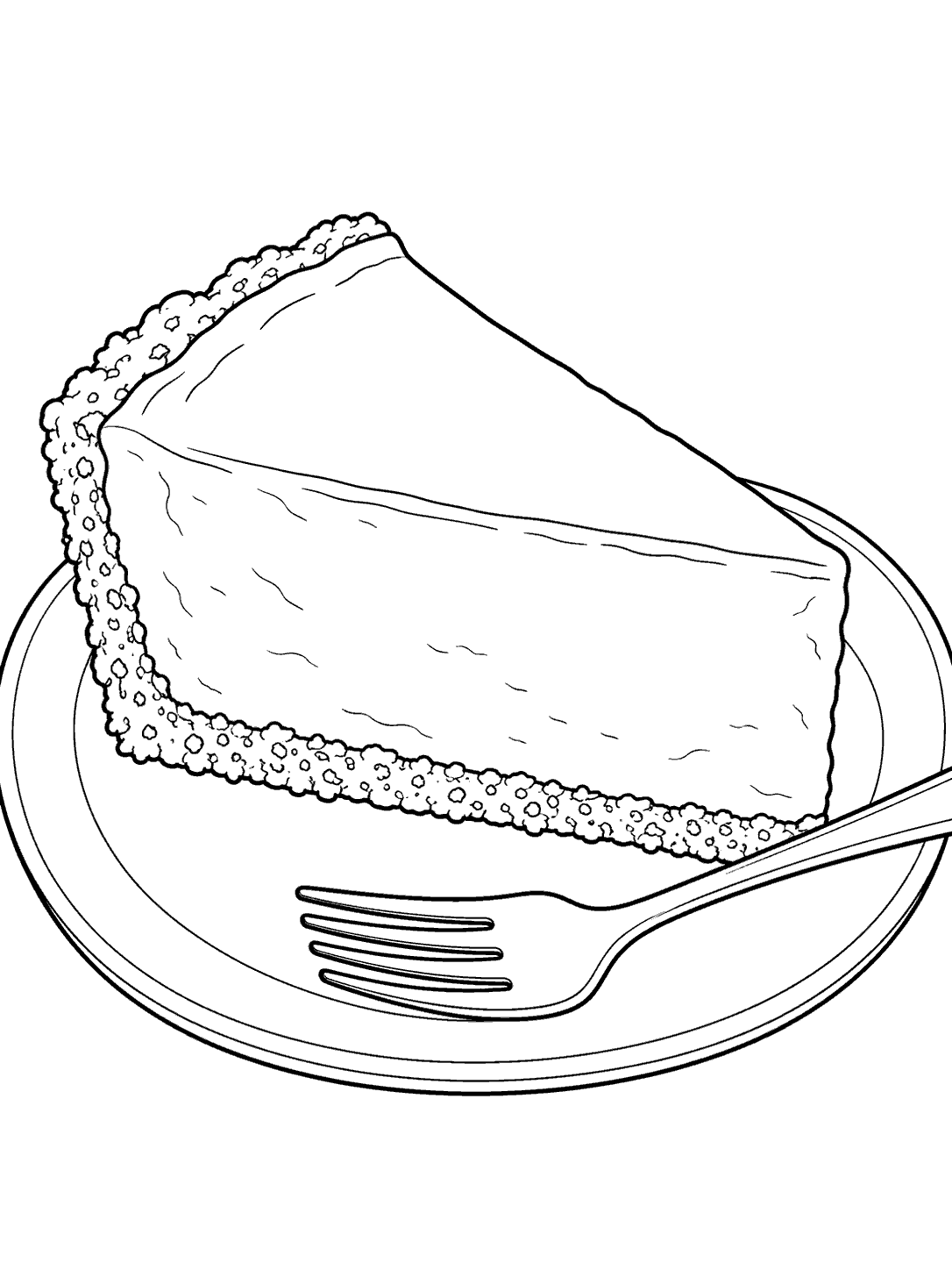Black-outline coloring page of a cheesecake slice with a graham-cracker crust on a round plate beside a fork.
