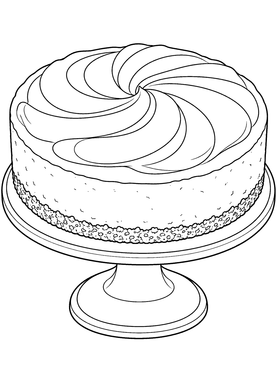 Black-outline coloring page of a round cheesecake with a crumb crust and broad swirls on a cake stand.