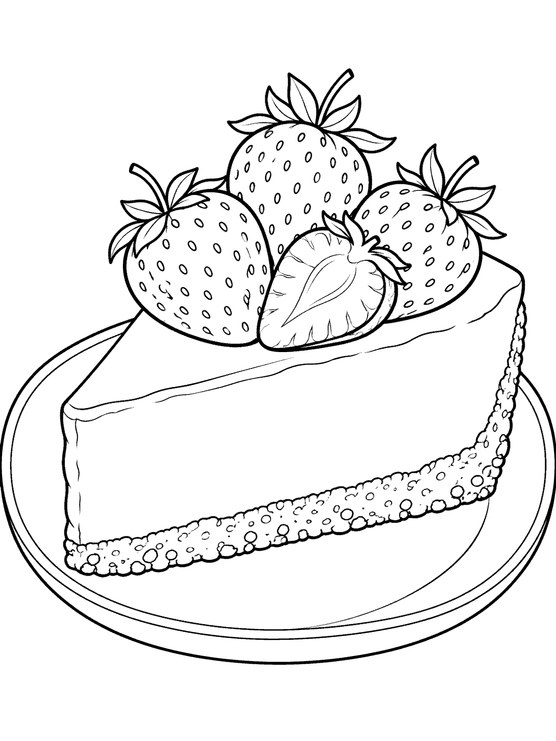 A large cheesecake slice topped with three whole strawberries and one strawberry half, on a small plate, drawn in black outlines for coloring.