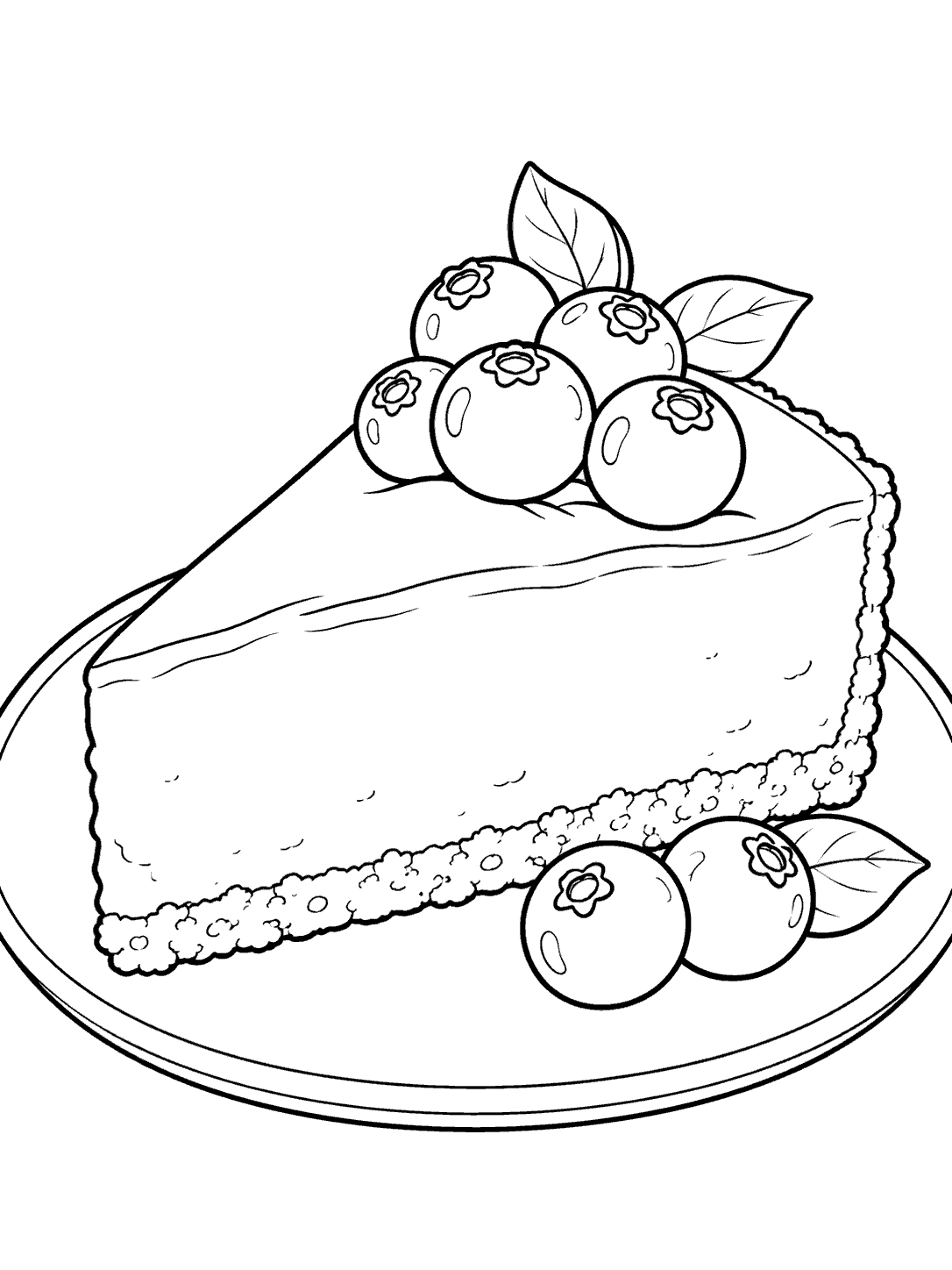 A large cheesecake slice topped with blueberries, with two berries beside it on a plate, in a black-outline coloring page.