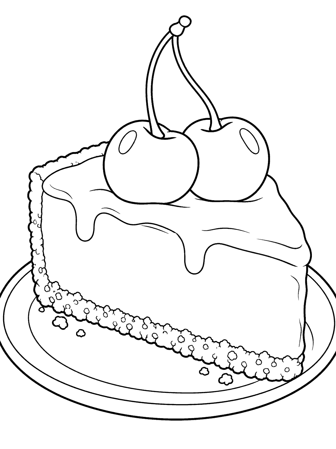 Black-outline coloring page of a cheesecake slice with two cherries, curved stems, crumb crust, and a serving plate.