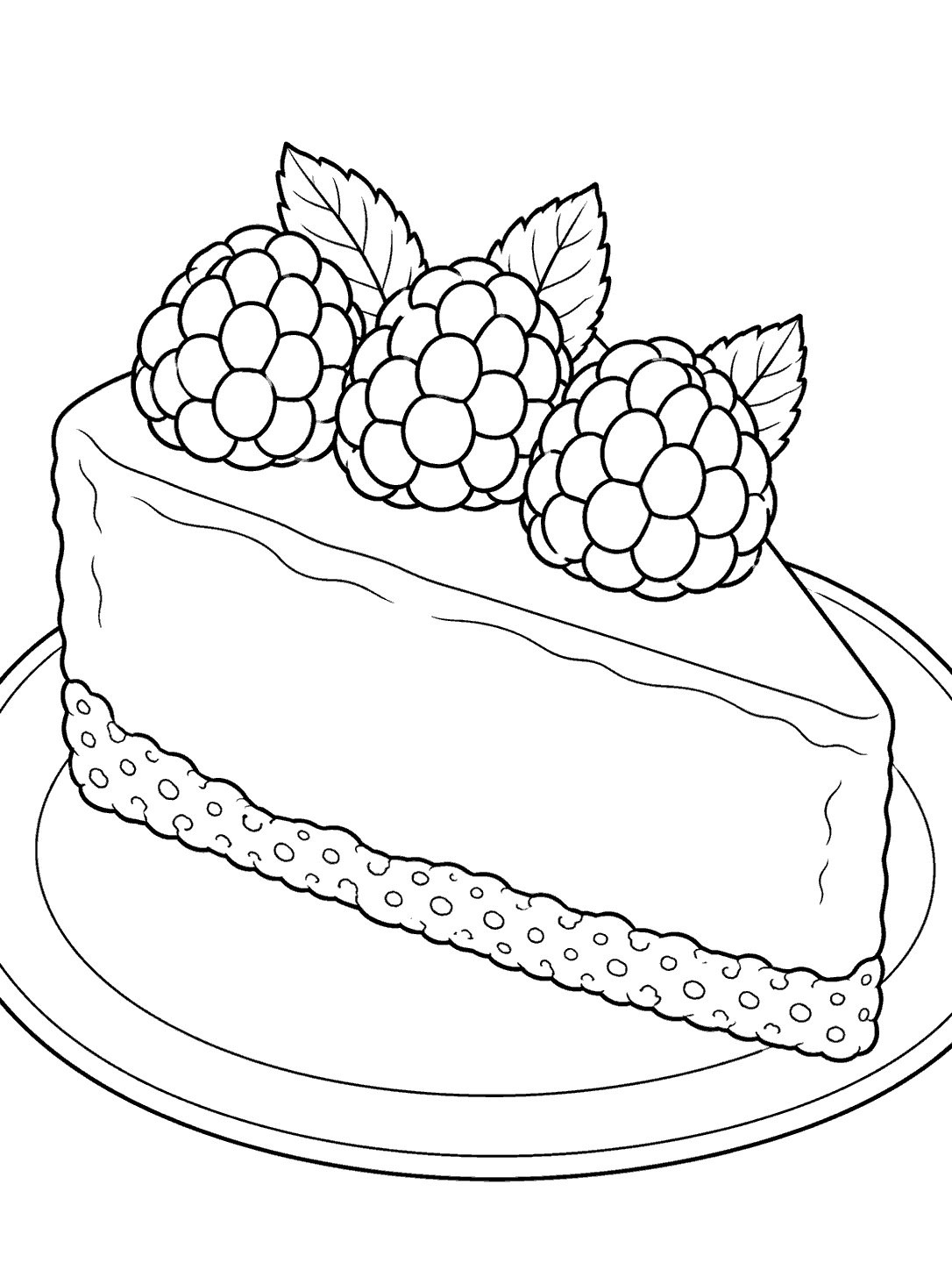 Black-outline coloring page of a cheesecake slice with three raspberries and leaves on a plate.