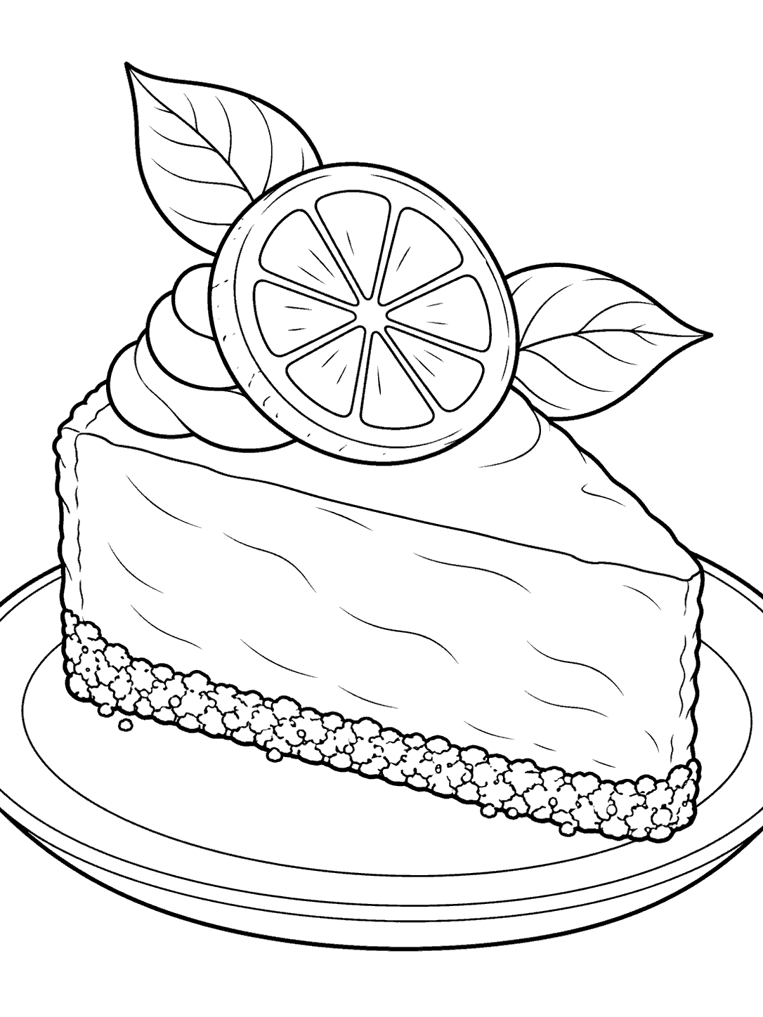 Black-outline cheesecake slice on a plate, topped with a lemon wheel and two leaves.