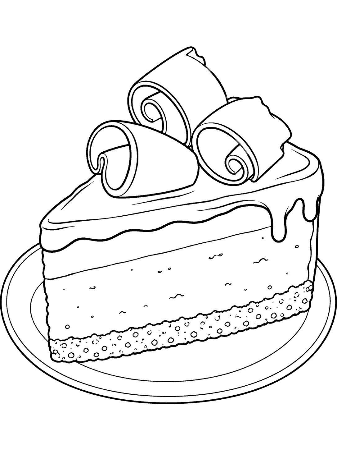 Black-outline coloring page of a layered chocolate cheesecake slice topped with three curled chocolate shavings on a plate.