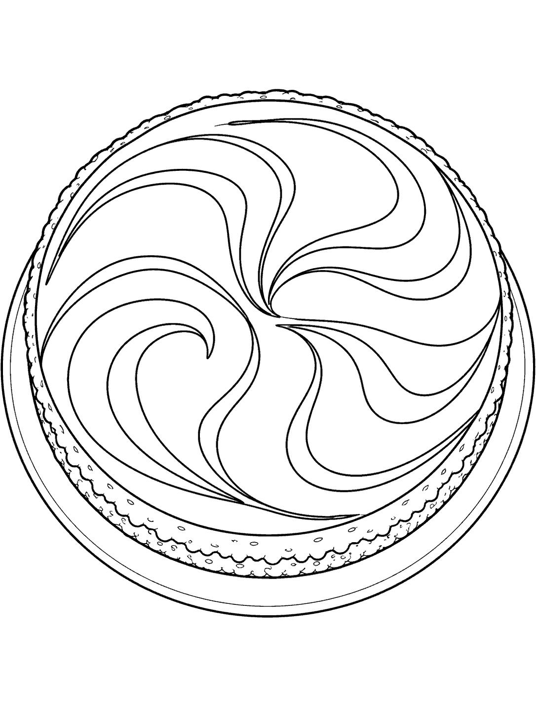 Top view of a whole cheesecake with broad chocolate swirls, a textured crust edge, and a serving plate, drawn in black outlines on white.