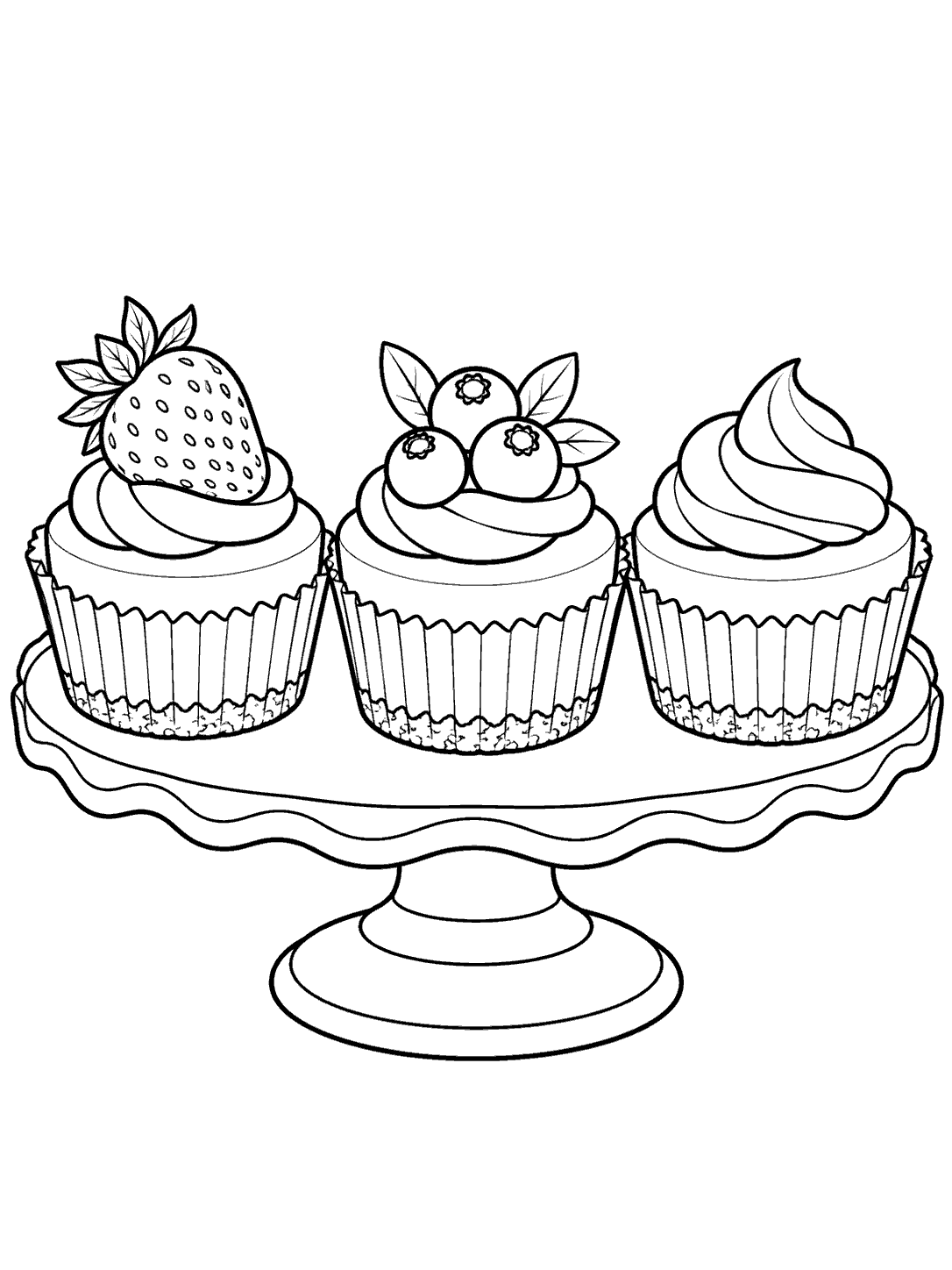 Black-outline coloring page showing three mini cheesecakes with different toppings on a stand.