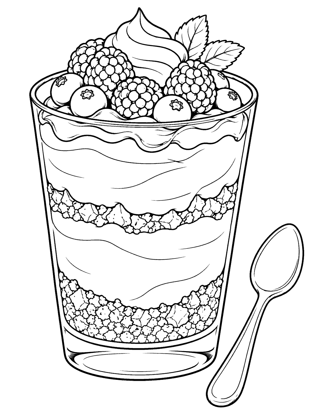 Cheesecake cup coloring page with crumb and cheesecake layers, berries, and a spoon.