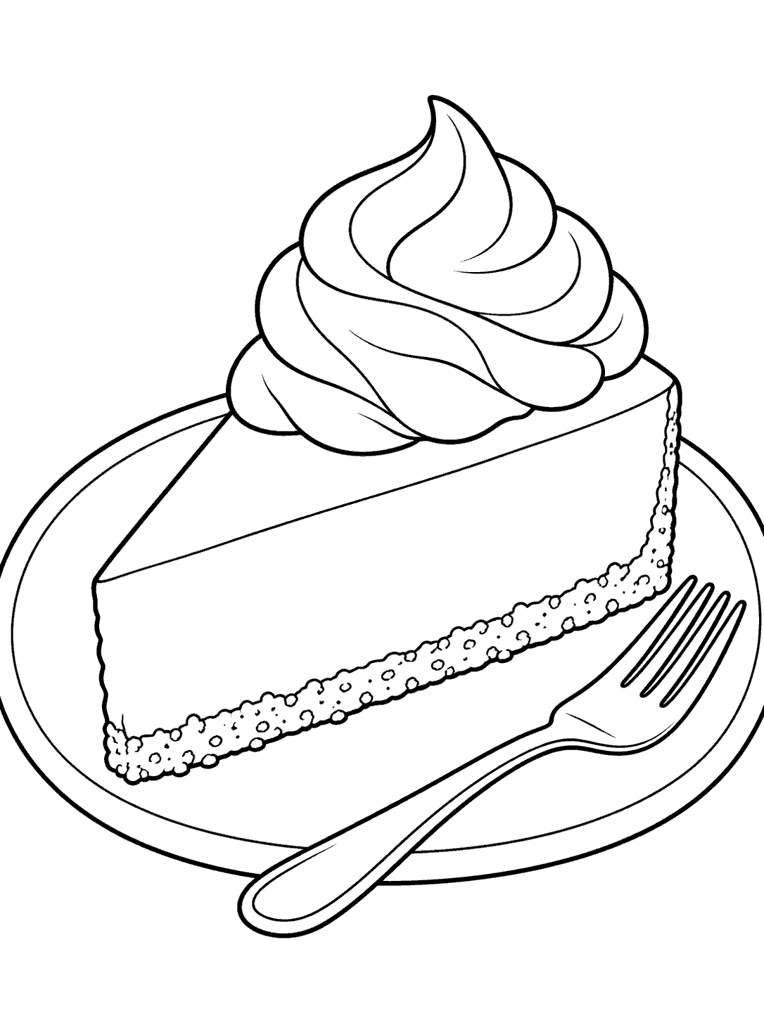 Black-outline cheesecake slice with a large whipped-cream swirl on a plate beside a fork, formatted as a coloring page.