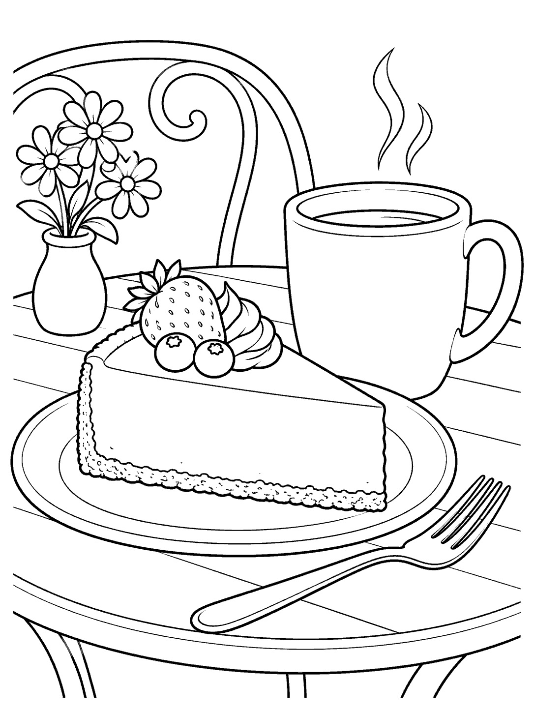 Cheesecake and coffee coloring page with a slice on a plate, a large mug, a fork, and a small vase of flowers.