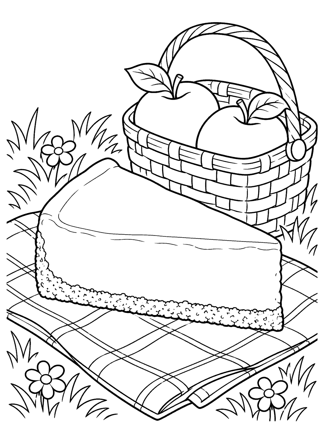Cheesecake slice on a picnic napkin beside an open basket holding two apples, with grass and flowers.