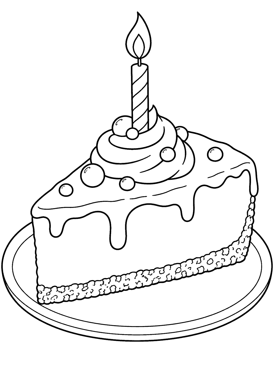 Black-outline cheesecake slice on a plate, decorated with icing, several dots, and one striped birthday candle with a flame.