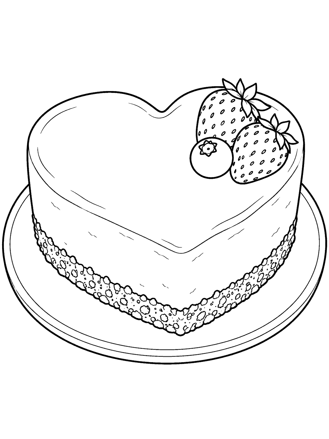 Heart-shaped cheesecake topped with three berries coloring page