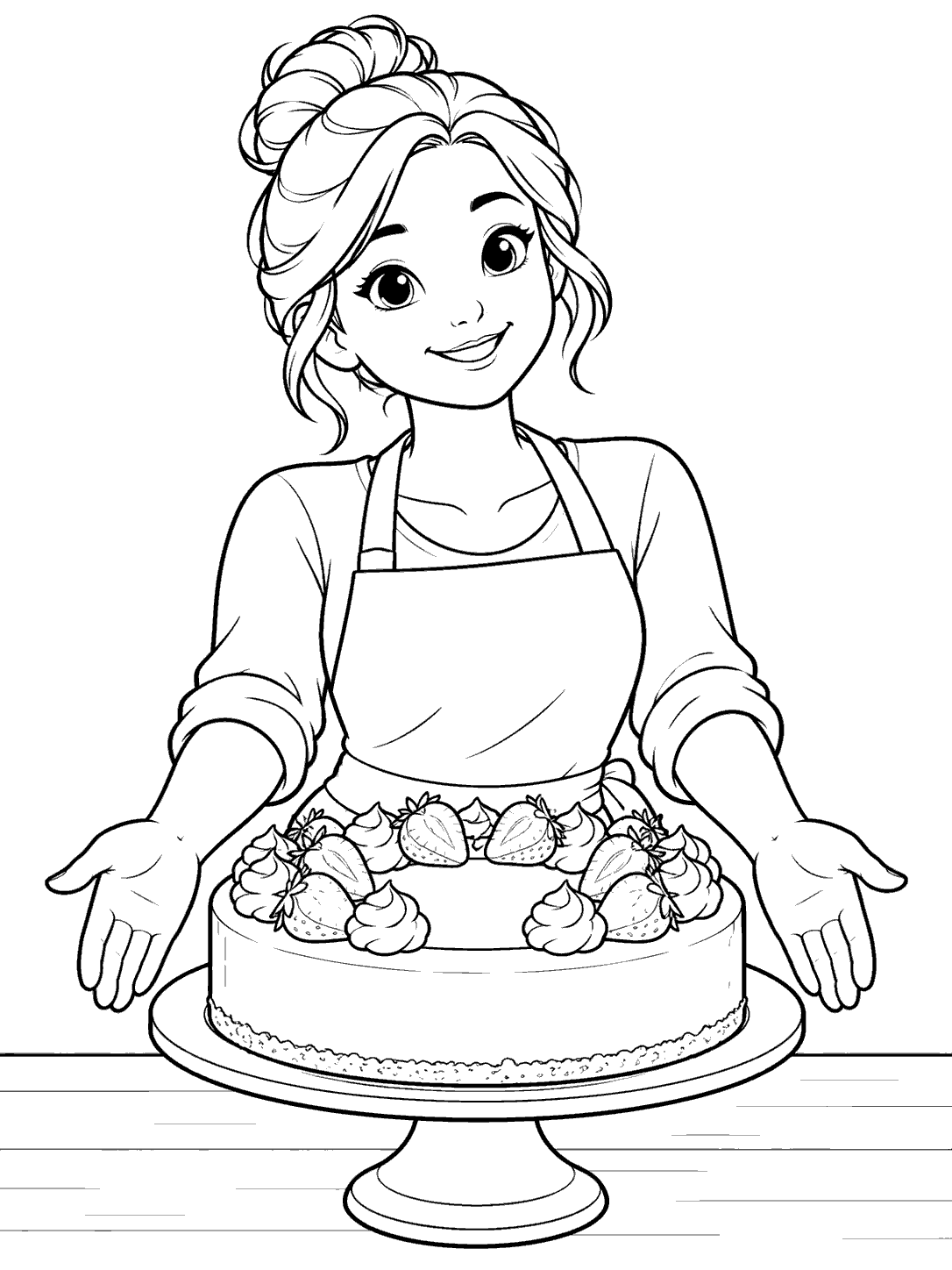 Black-outline coloring page of a smiling baker in an apron presenting a strawberry-topped cheesecake on a cake stand.