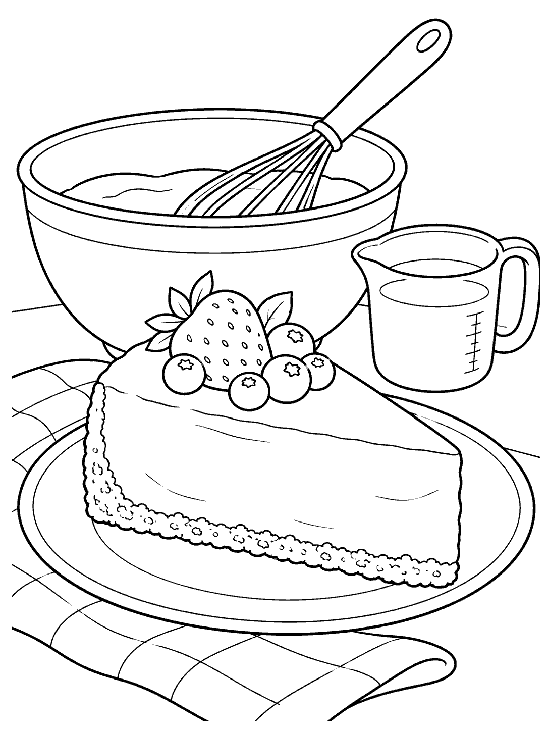 Black-outline coloring page showing a cheesecake slice on a plate with a mixing bowl, whisk, measuring cup, and berries.