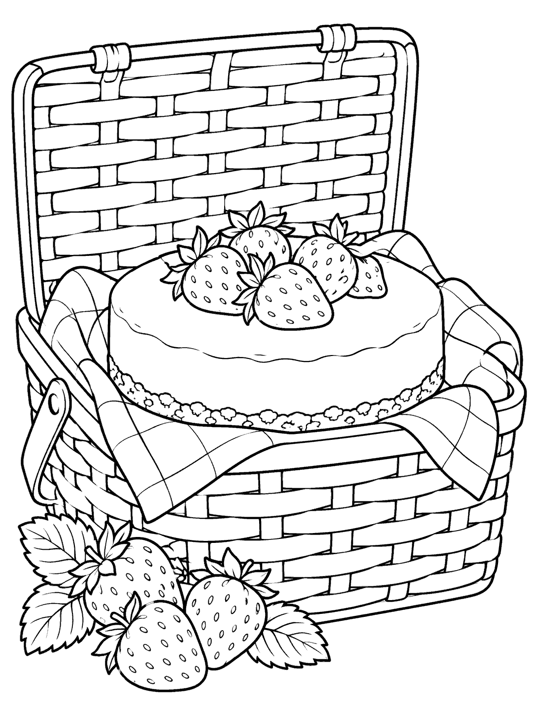 Black-outline coloring page of a whole strawberry-topped cheesecake resting on a cloth in an open woven picnic basket, with strawberries beside it.