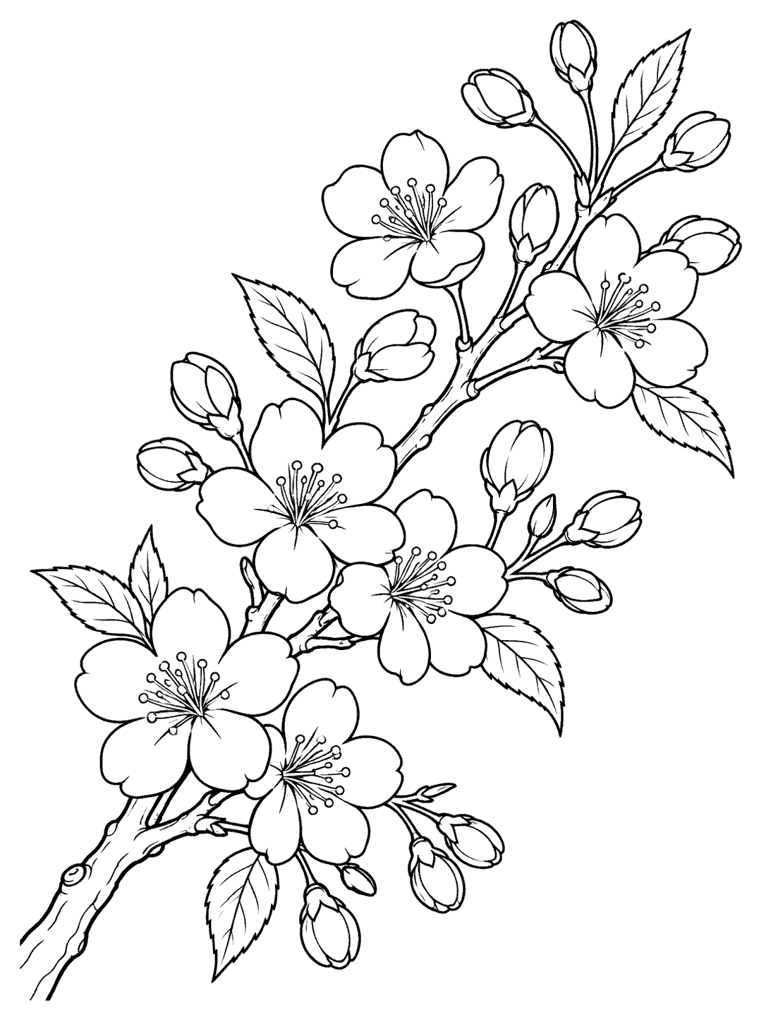 Black ink cherry branch sweeping diagonally across a white page, with five-petal flowers, buds, and leaves.