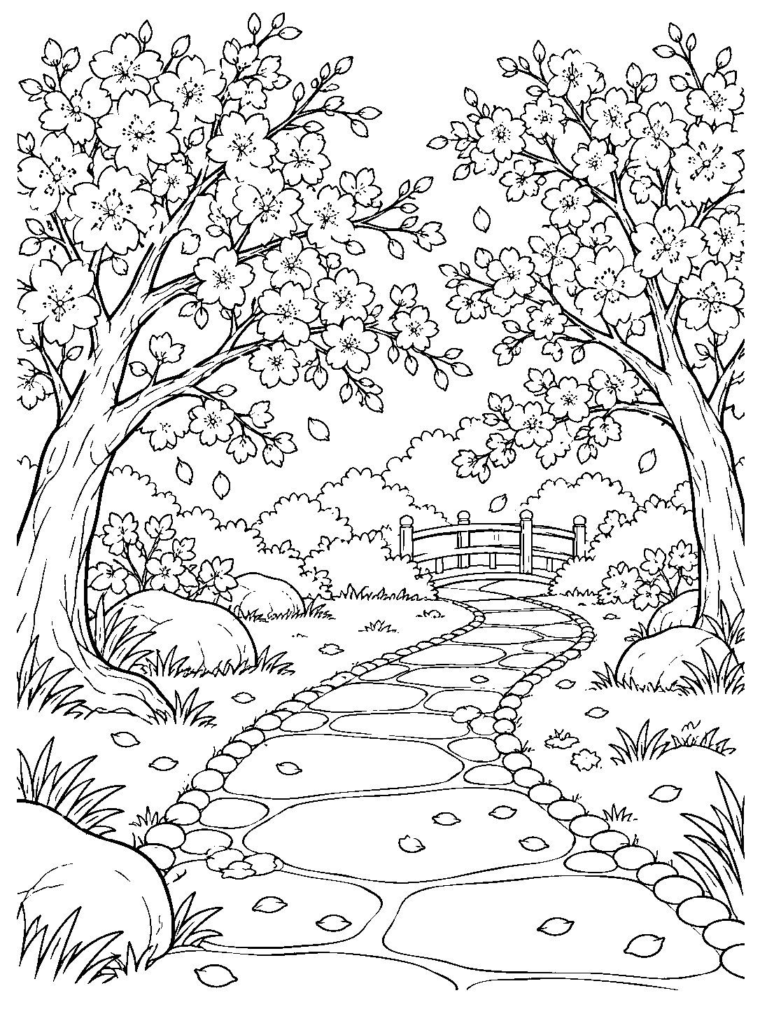 Black-and-white coloring page of a winding stone path between blooming cherry trees, with fallen petals, grass, shrubs, rocks, and a small bridge.
