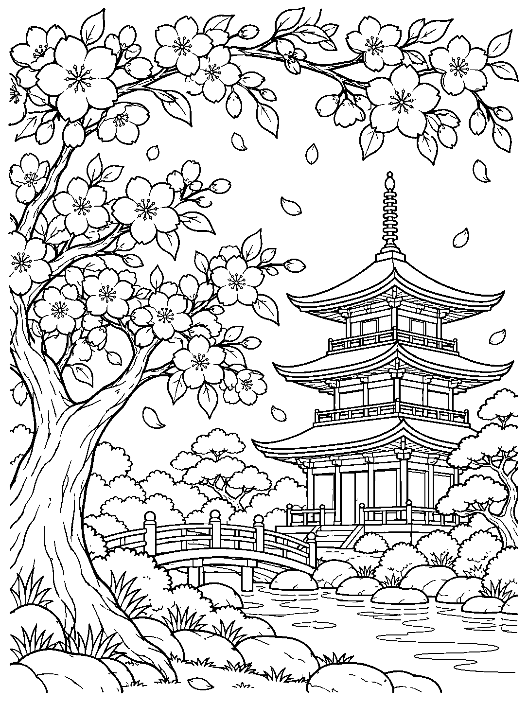 Black-and-white coloring page showing a traditional pagoda beside a cherry tree in bloom, with a bridge, pond, and surrounding garden.