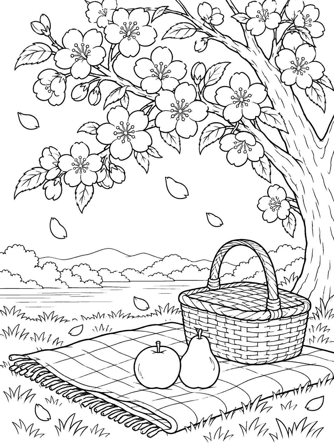 A woven basket and two pieces of fruit sit on a picnic blanket beneath flowering cherry branches, with petals drifting nearby.