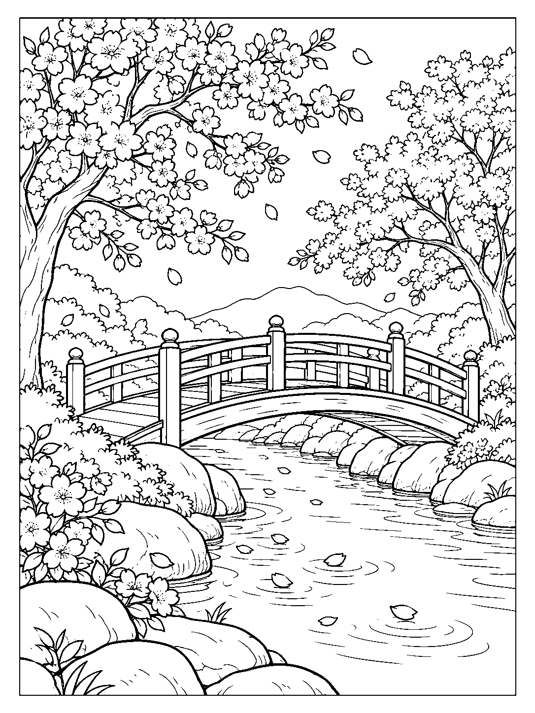 Curved footbridge crossing a stream beneath cherry blossom trees, with floating petals and ripples.
