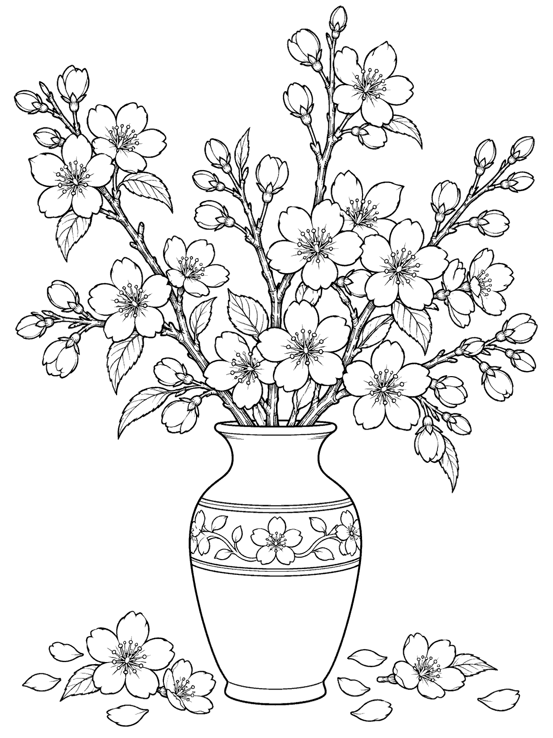Black ink coloring page showing several cherry blossom branches arranged in a tall decorated ceramic vase, with loose blossoms near the bottom.