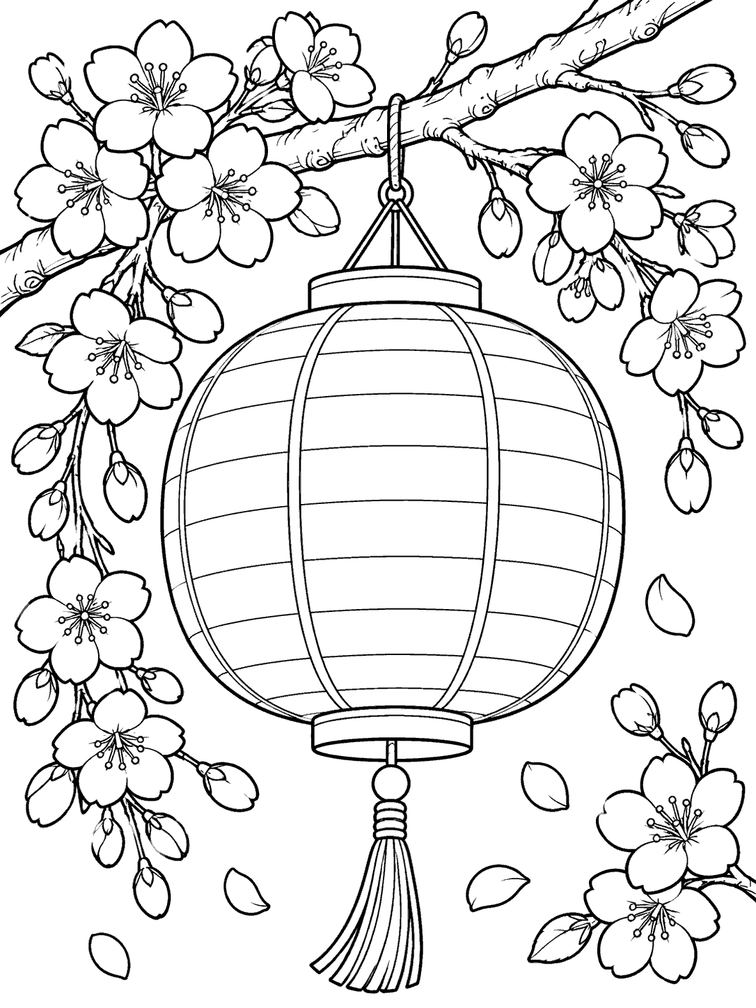 Blank-panel paper lantern hanging beneath a cherry branch, surrounded by blossoms, buds, and falling petals.