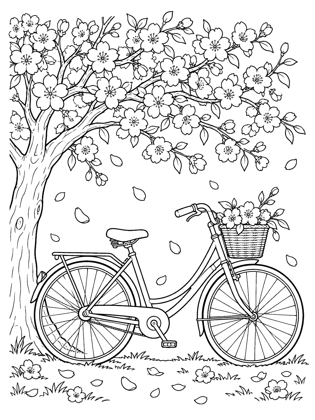 Black-and-white coloring page showing a vintage bicycle with a blossom-filled basket beneath a cherry blossom tree, with petals on the ground.