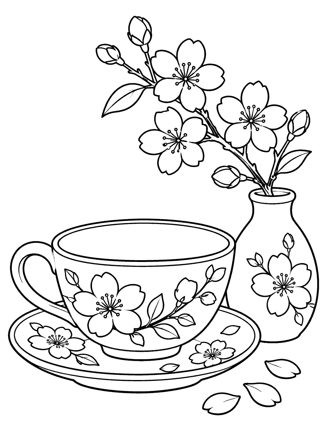 Black outline coloring page of a blossom-decorated teacup and saucer beside a vase holding a flowering cherry twig, with loose petals nearby.
