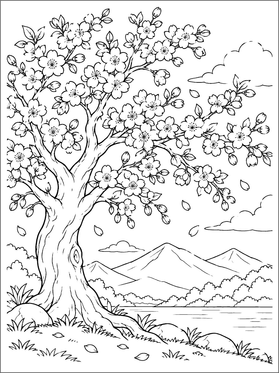 Large cherry blossom tree beside a lake, with distant mountain peaks and outlined clouds