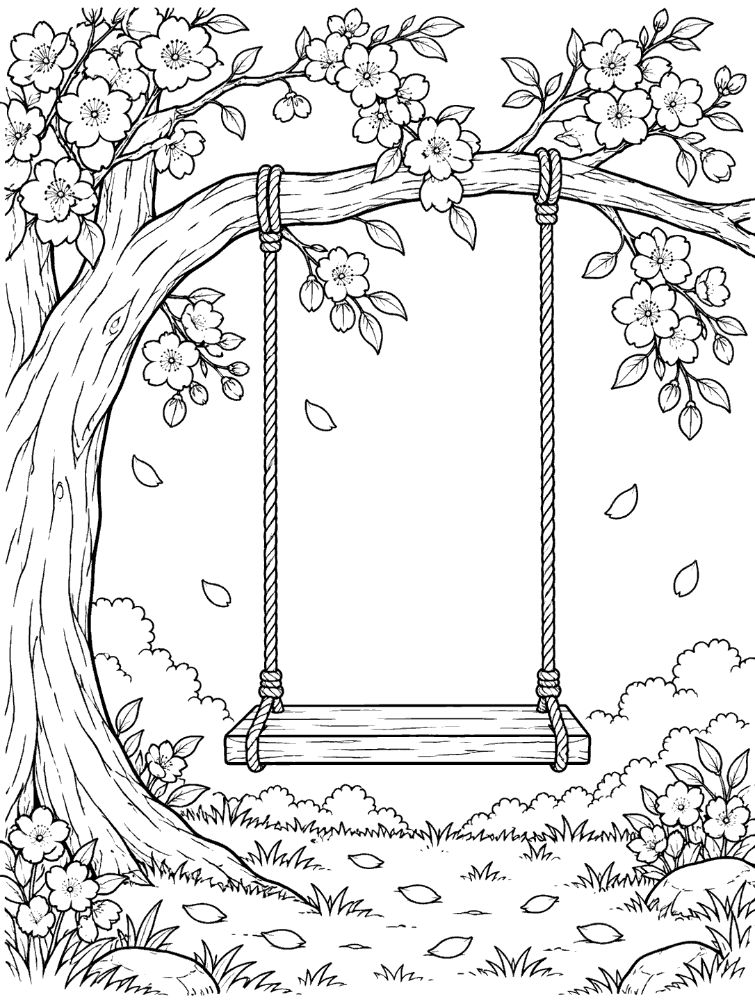 Empty wooden garden swing with straight ropes beneath a flowering cherry tree, surrounded by blossoms and fallen petals.
