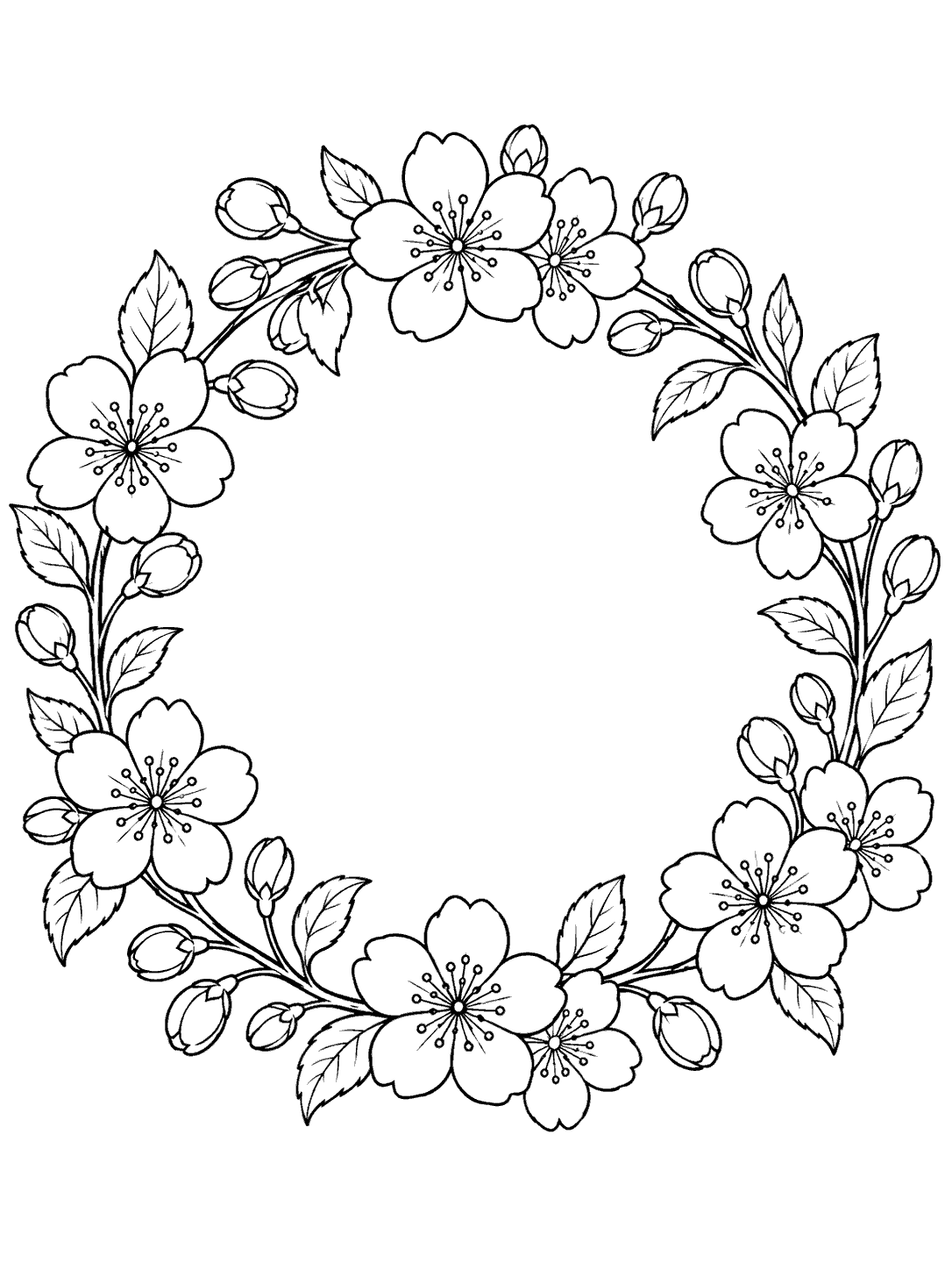 Black line art of a circular cherry blossom wreath with buds and leaves around a blank center.
