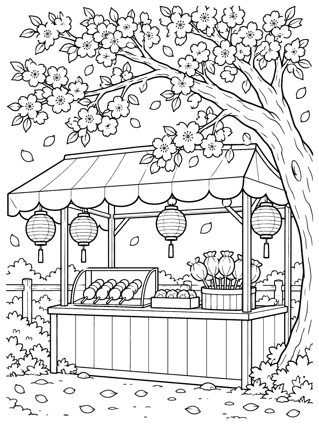 Black-and-white coloring page showing a festival stall with a striped awning, round lanterns, serving counter, and cherry blossom branches overhead.