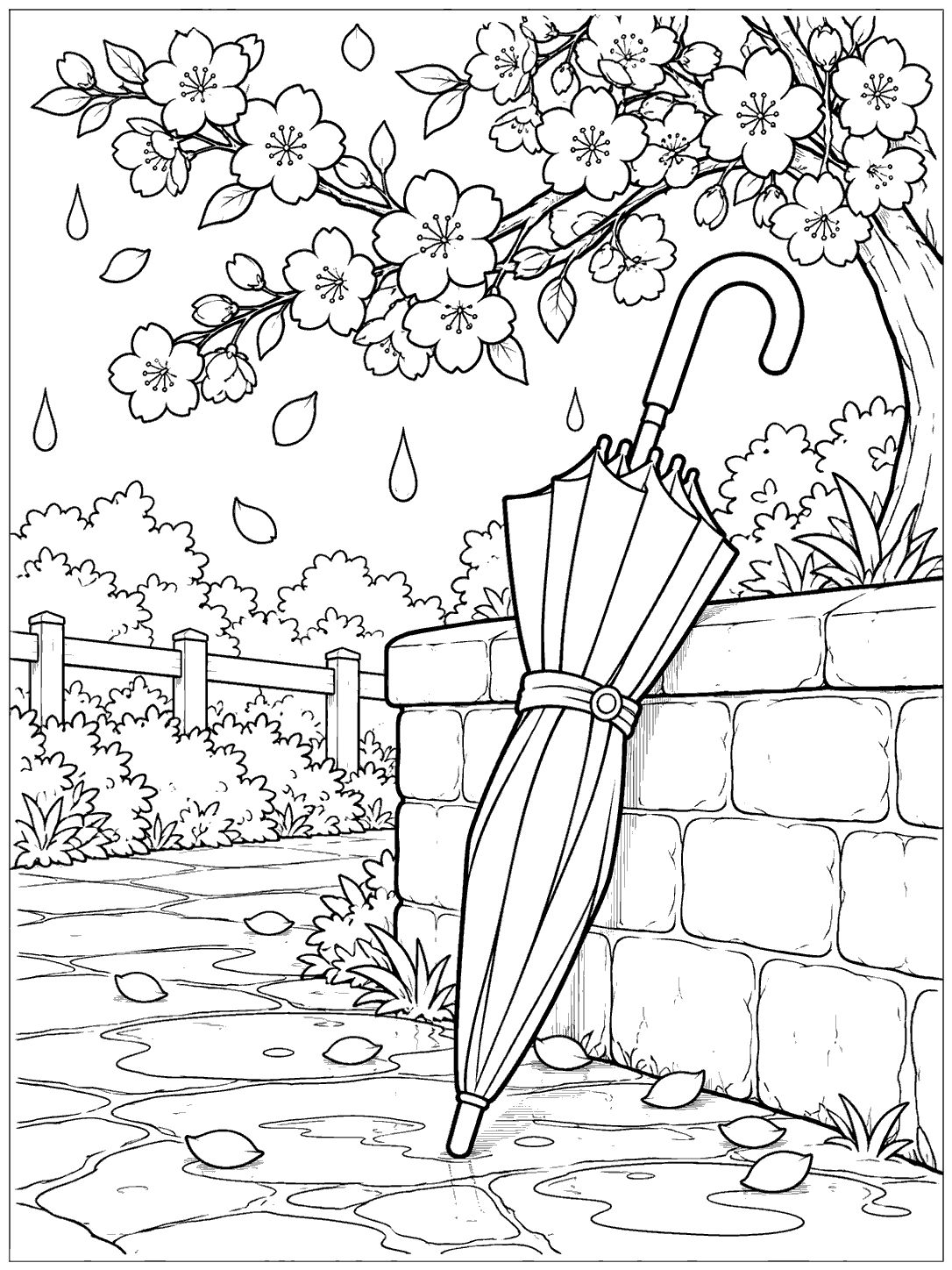 Black ink coloring page of a closed umbrella leaning against a low garden wall beneath prominent cherry blossoms, with raindrops and petals on the ground.