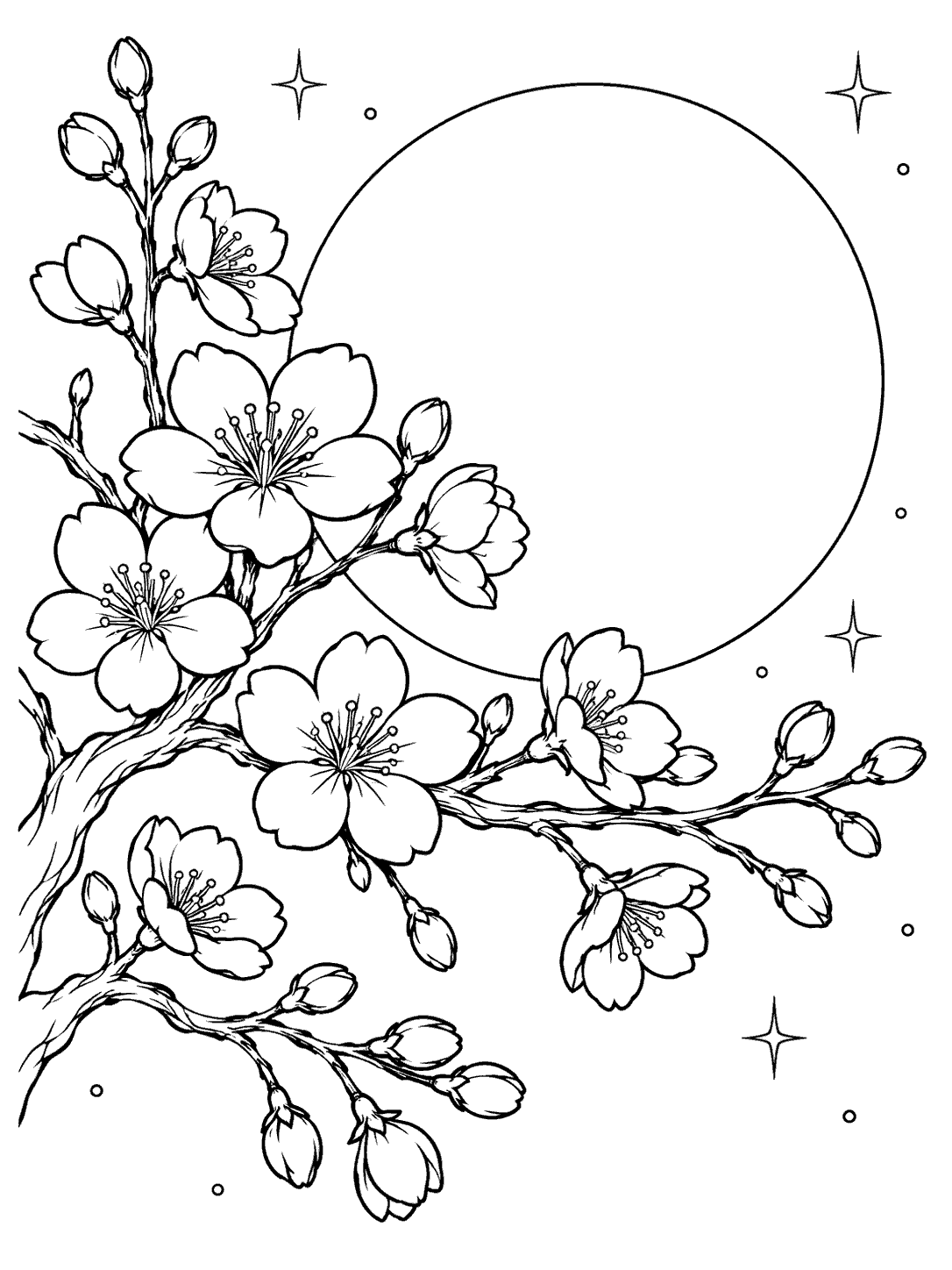 Outlined cherry blossoms and buds on a winding branch in front of a large full moon, surrounded by simple stars.