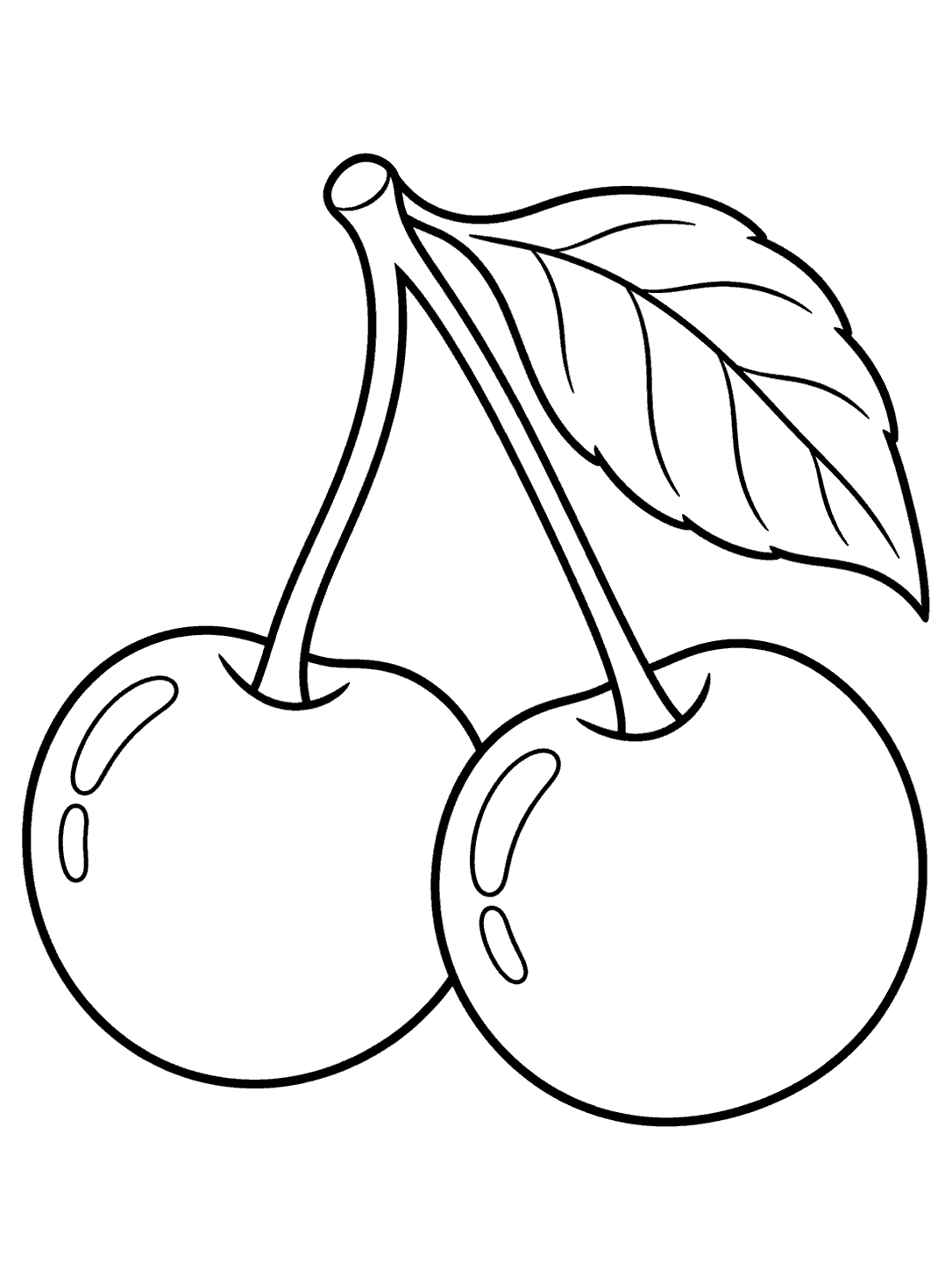 Two large round cherries with curved stems and one broad leaf, outlined in black on white.