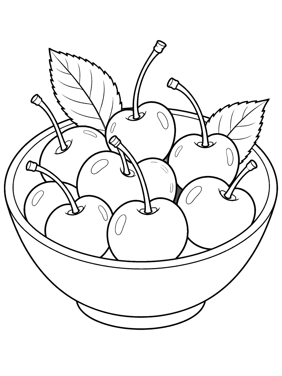 Black ink coloring page showing a bowl filled with outlined cherries and two leaves.