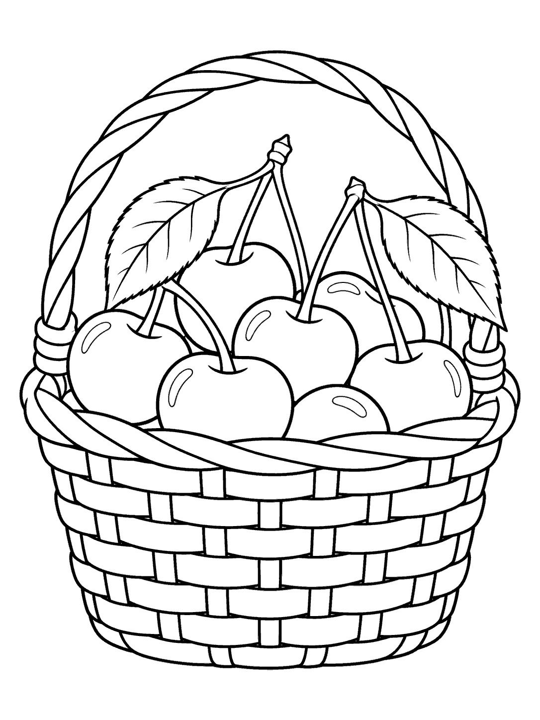 A roomy woven market basket filled with cherries, stems, and large leaves, drawn in black outlines on white.