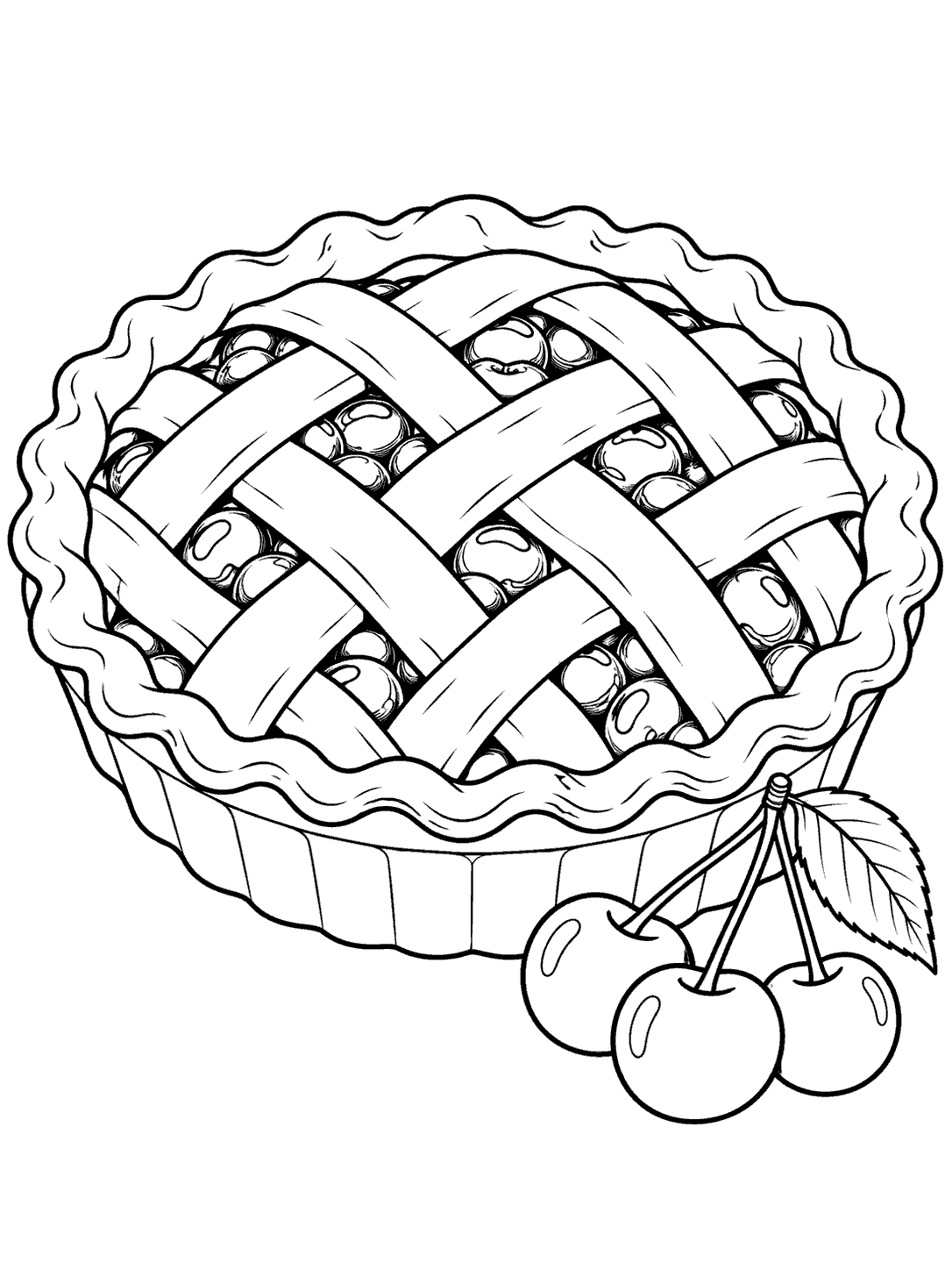 A large lattice-top pie in a dish with three cherries and a leaf beside it.