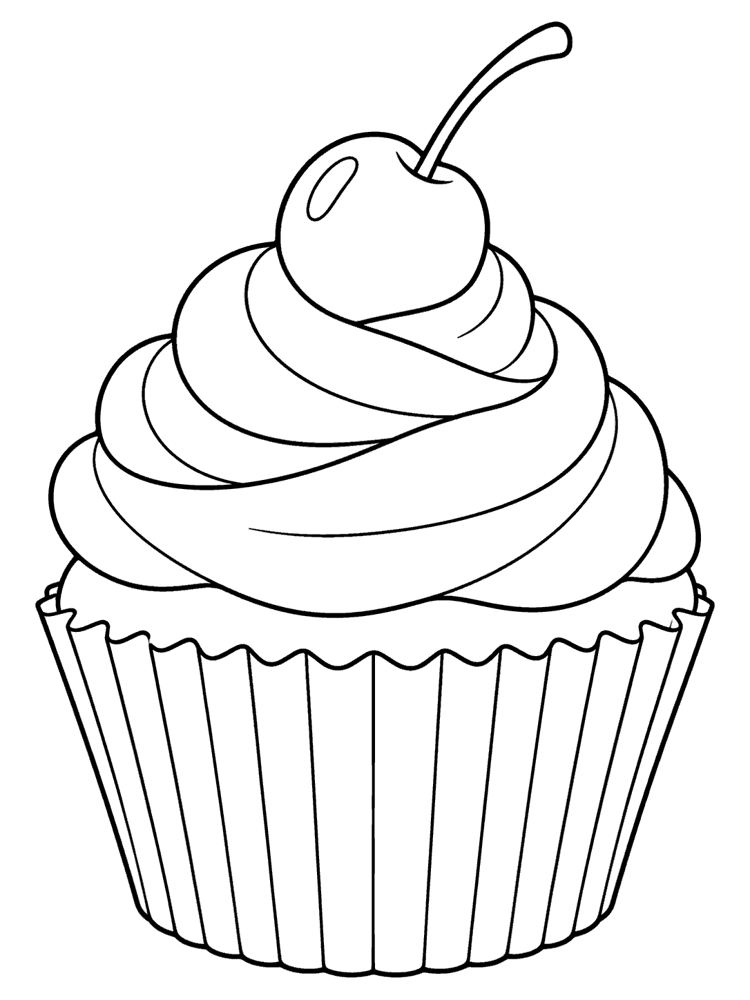 Large cupcake in a ridged wrapper with a broad frosting swirl and one cherry