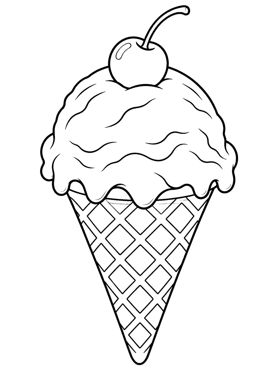 Black-and-white coloring page of a large ice cream scoop in a diamond-pattern waffle cone, topped with a cherry and curved stem.