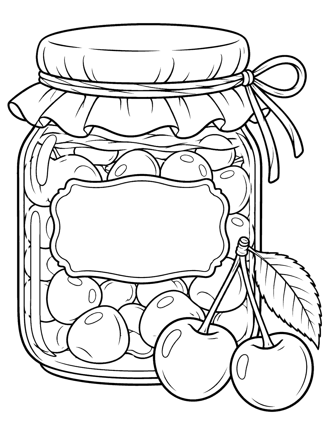 A large jam jar with a blank label, a fabric lid cover, and two cherries beside it.